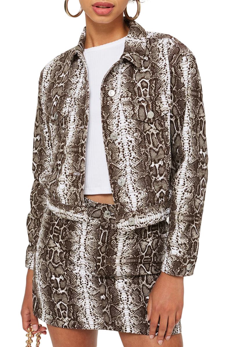 Topshop Snakeskin Print Denim Jacket, Main, color, 