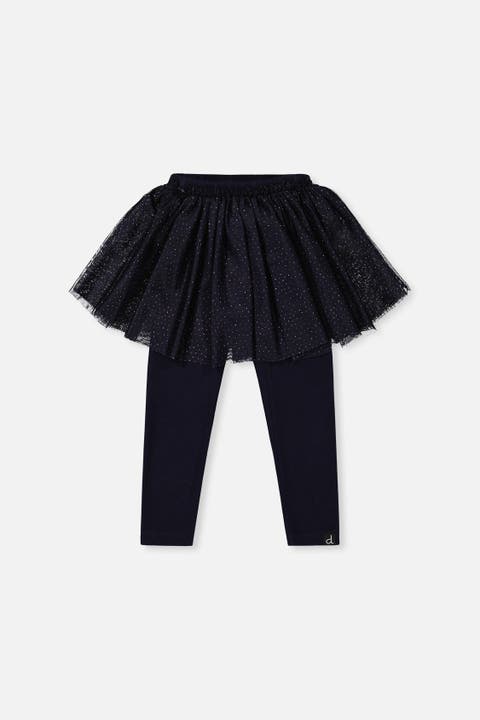 Rib Integrated Tulle Skirt Elastic Waist Leggings