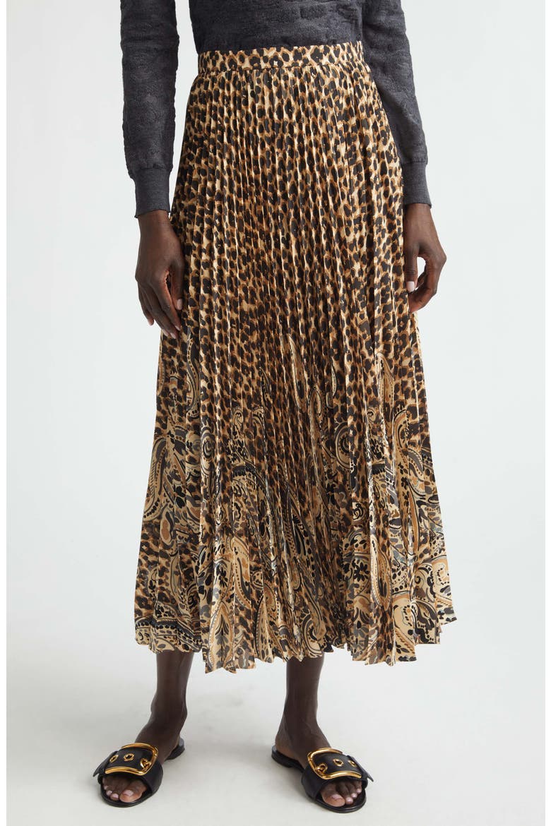 Mixed Print Pleated Midi Skirt, Main, color, BEIGE