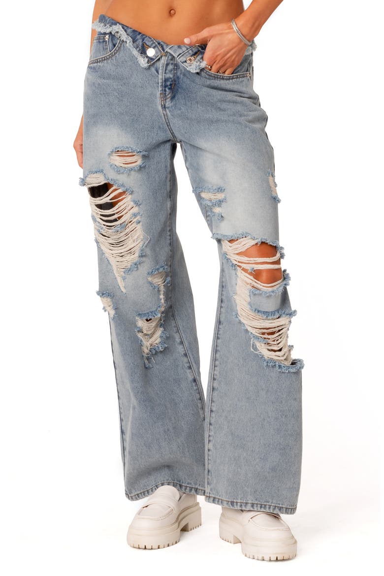 Foldover Low Rise Ripped Boyfriend Jeans, Main, color, LIGHT-BLUE