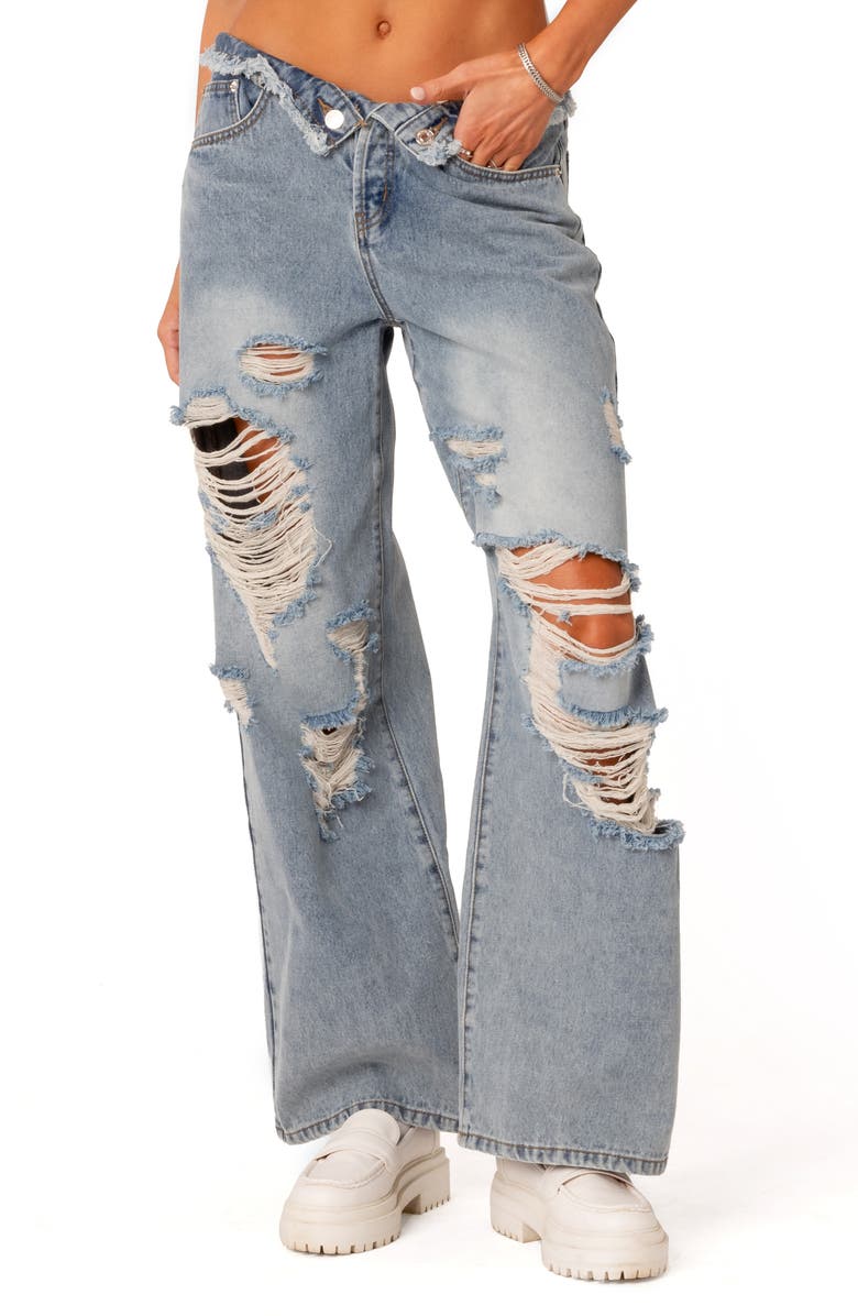 EDIKTED Foldover Low Rise Ripped Boyfriend Jeans, Main, color, Light-Blue