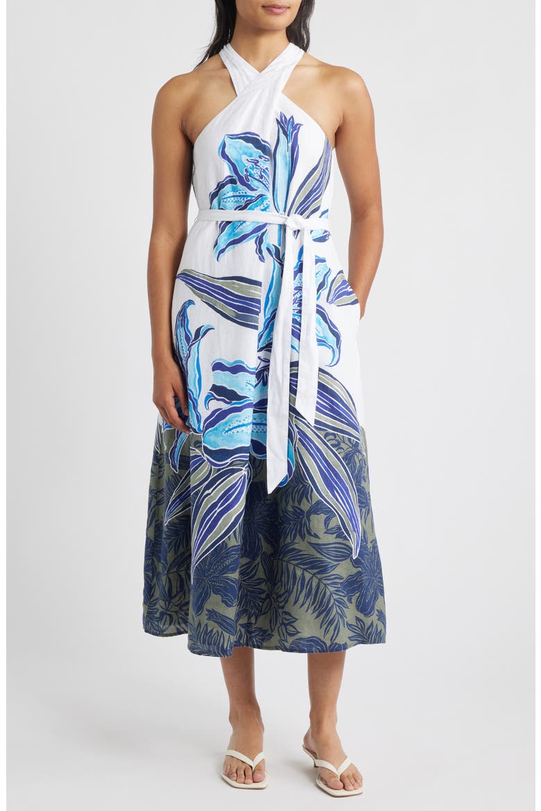 Regal Blooms Tie Waist Linen Midi Dress, Main, color, WHITE