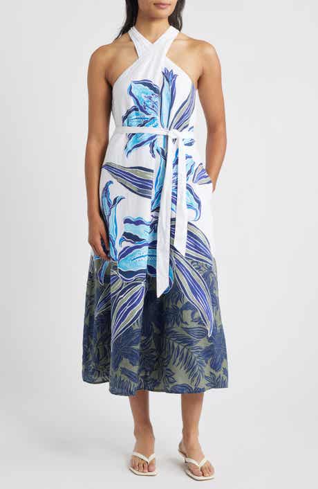 Regal Blooms Tie Waist Linen Midi Dress