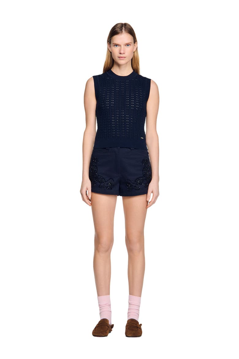 Cropped textured knit sweater, Alternate, color, Navy blue