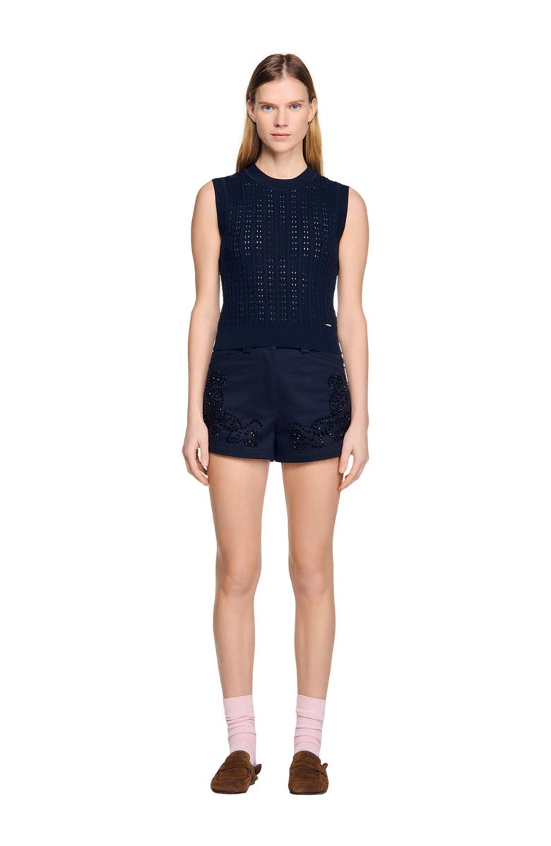 SANDRO Cropped textured knit sweater, Alternate, color, Navy Blue