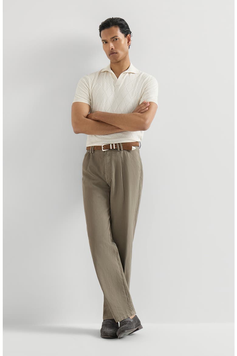 Garment-dyed trousers in cotton and linen canvas with pleat, Alternate, color, Military