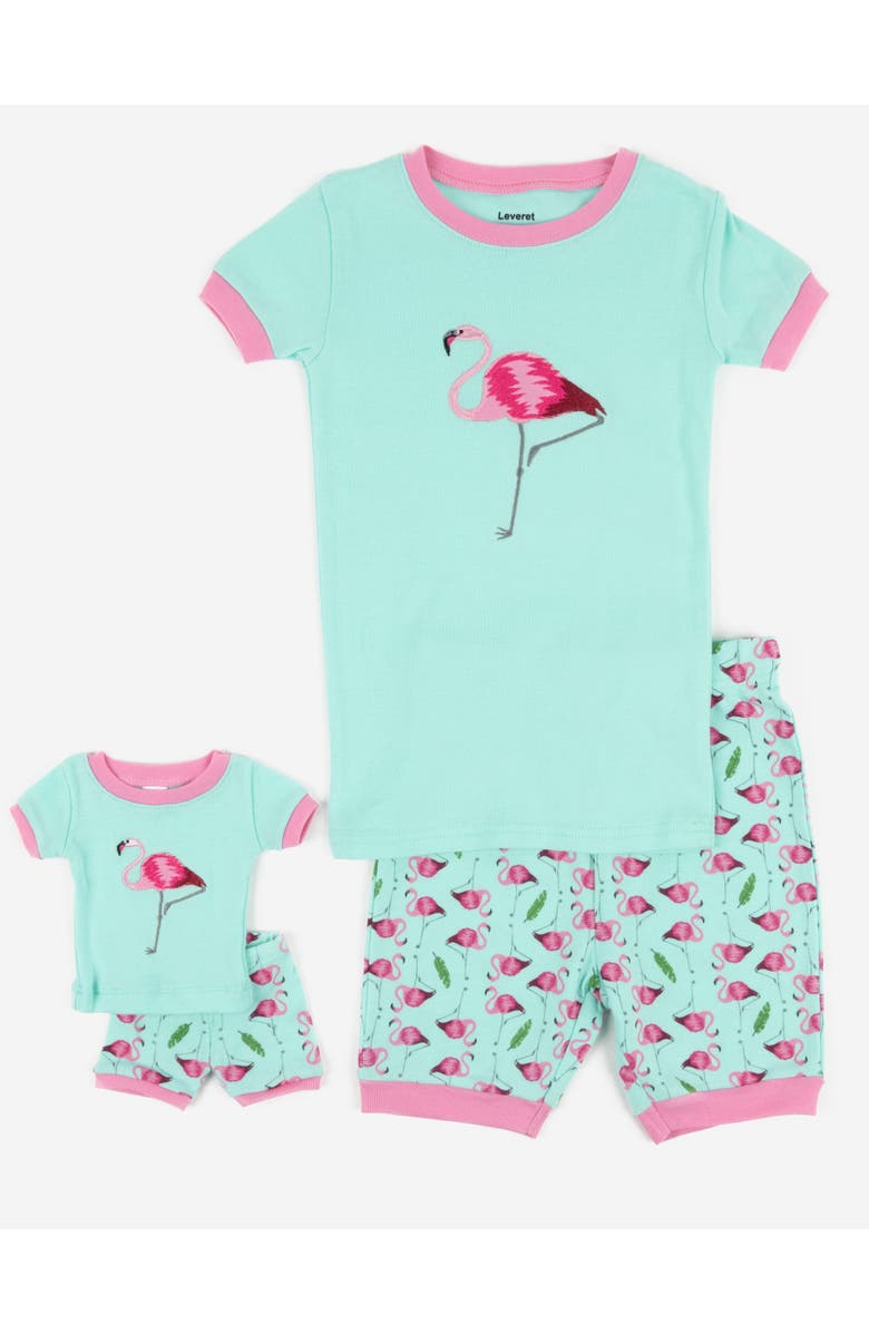 Leveret Girls Matching Doll Short Printed Cotton Pajamas, Main, color, Flamingo