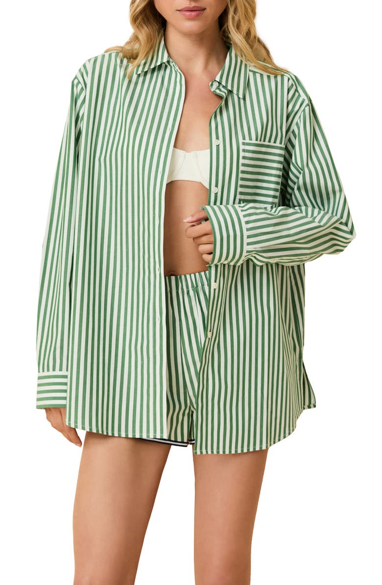 Solid & Striped The Avril Stripe Cotton Button-Up Shirt, Main, color, Tennis Green