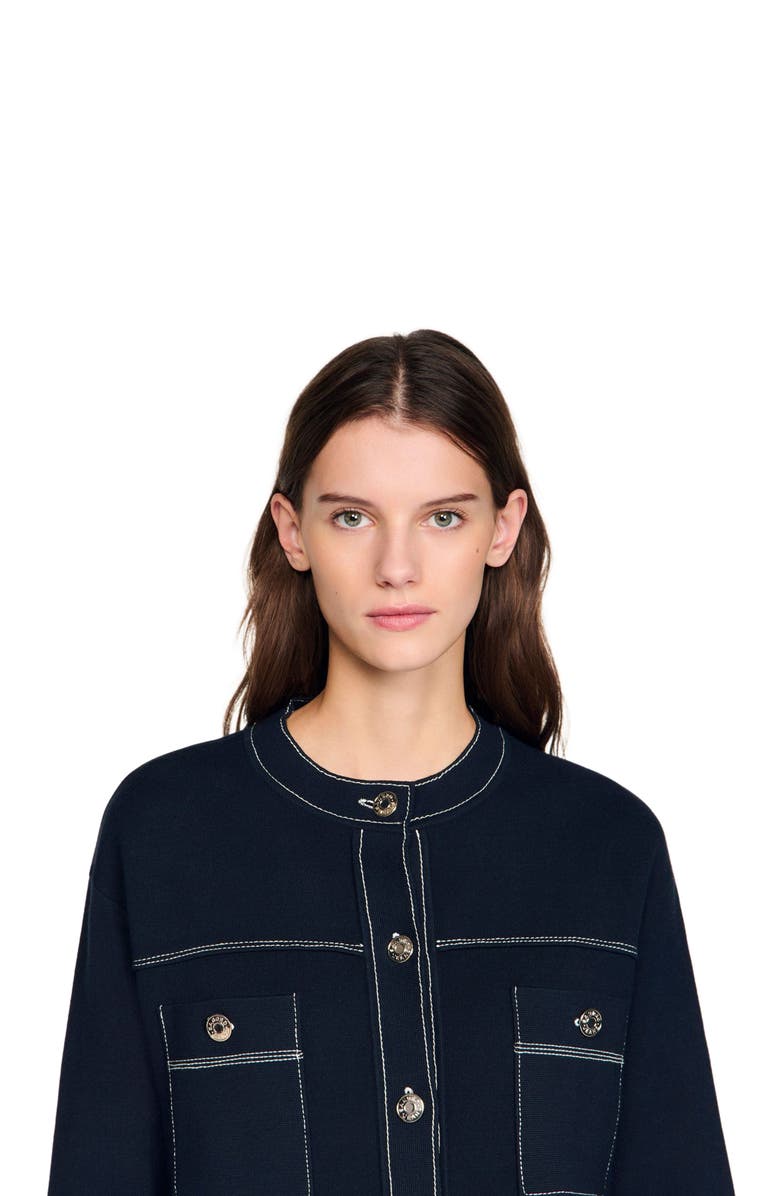 SANDRO Contrast stitch cardigan, Alternate, color, Navy Blue