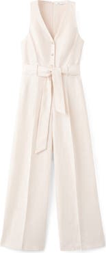 MANGO Sleeveless Belted Linen Jumpsuit