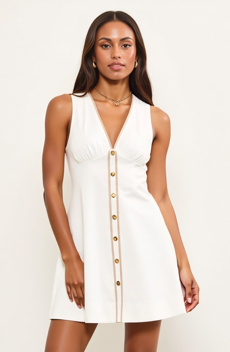 Modenaire V-Neck Sleeveless Button Front Mini Dress with Contrast Trim, Main, color, White