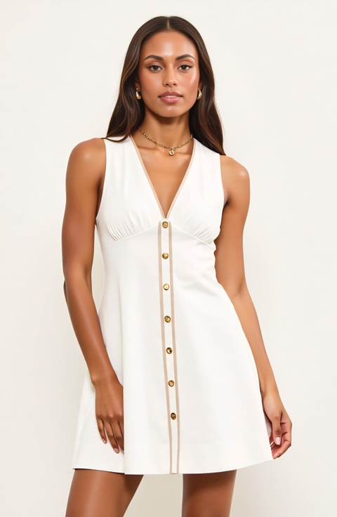 V-Neck Sleeveless Button Front Mini Dress with Contrast Trim
