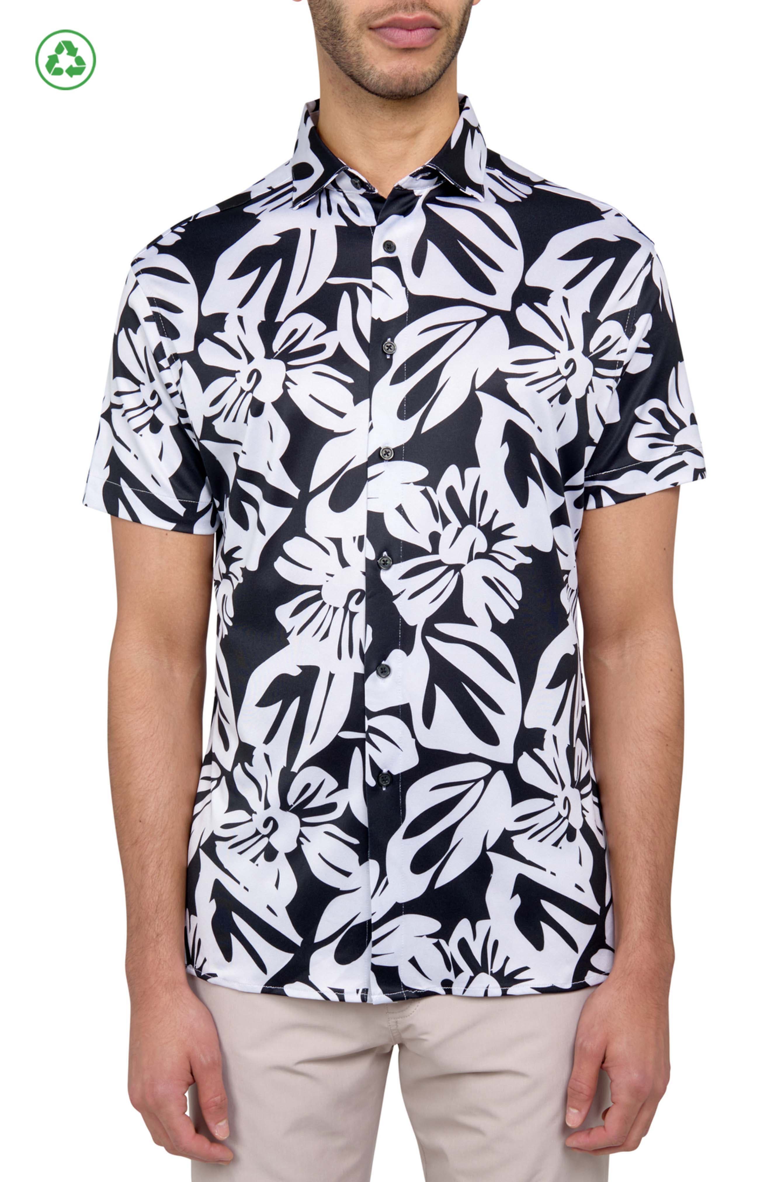 Regular Fit Exploded Floral Print Recycled Performance Golf Button-Down Shirt