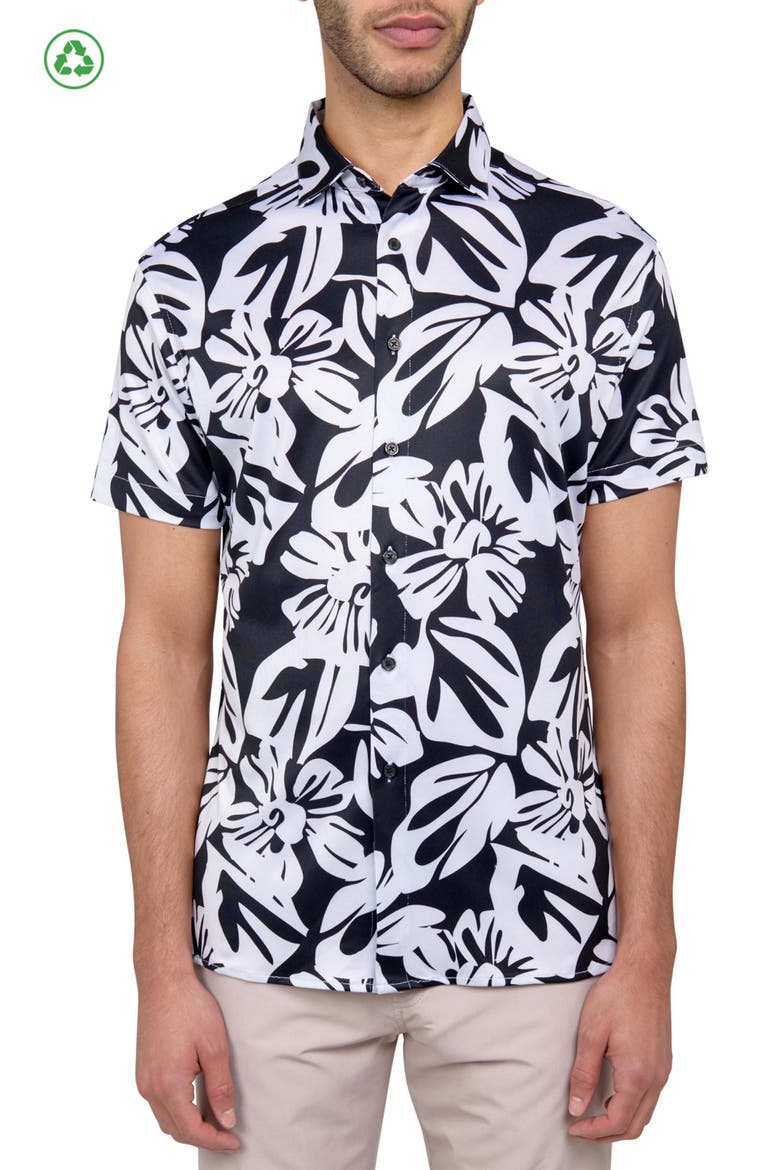 Regular Fit Exploded Floral Print Recycled Performance Golf Button-Down Shirt, Main, color, BLACK/WHITE