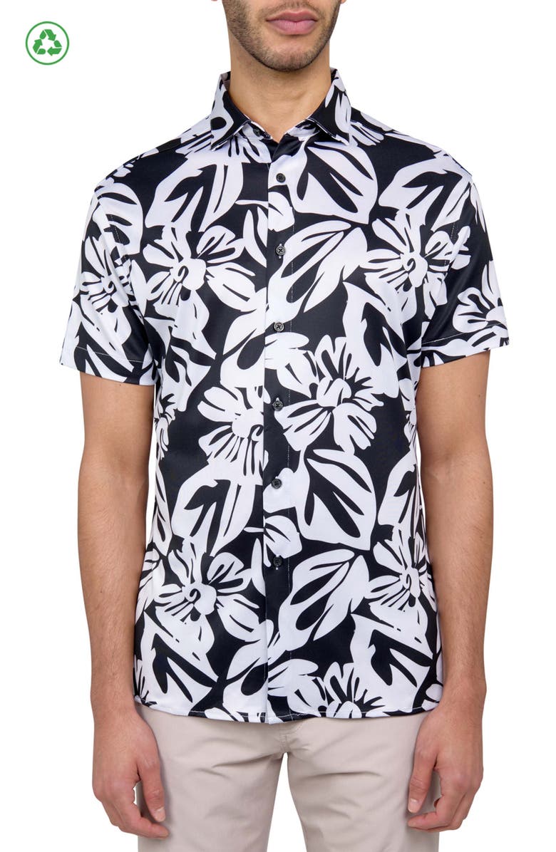 CONSTRUCT Regular Fit Exploded Floral Print Recycled Performance Golf Button-Down Shirt, Main, color, Black/White
