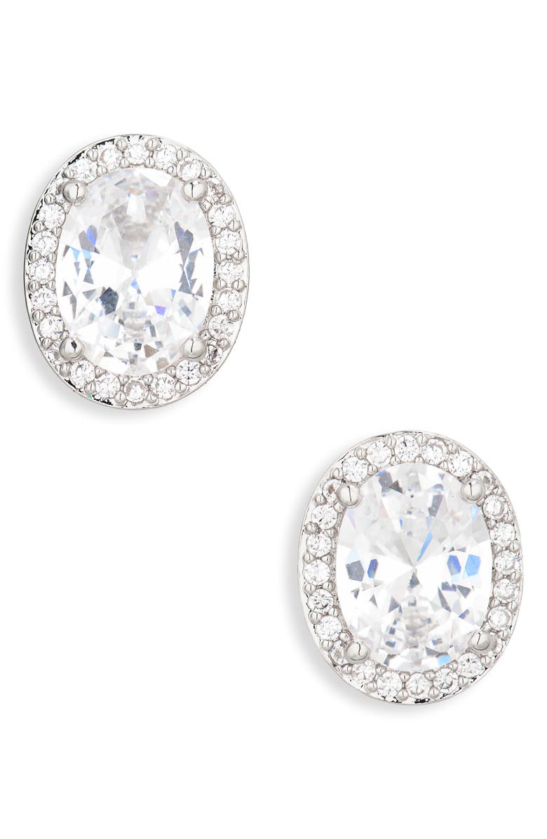 Nadri Halo Oval Stud Earrings, Main, color, Rhodium