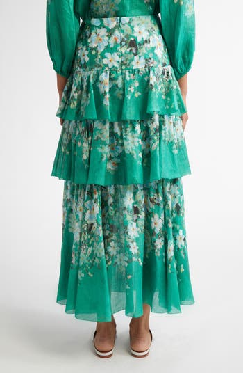 【Zimmermann】Everley tiered ramie midi skirt Zimmermann Everley Floral Tiered Ramie Skirt | Nordstrom