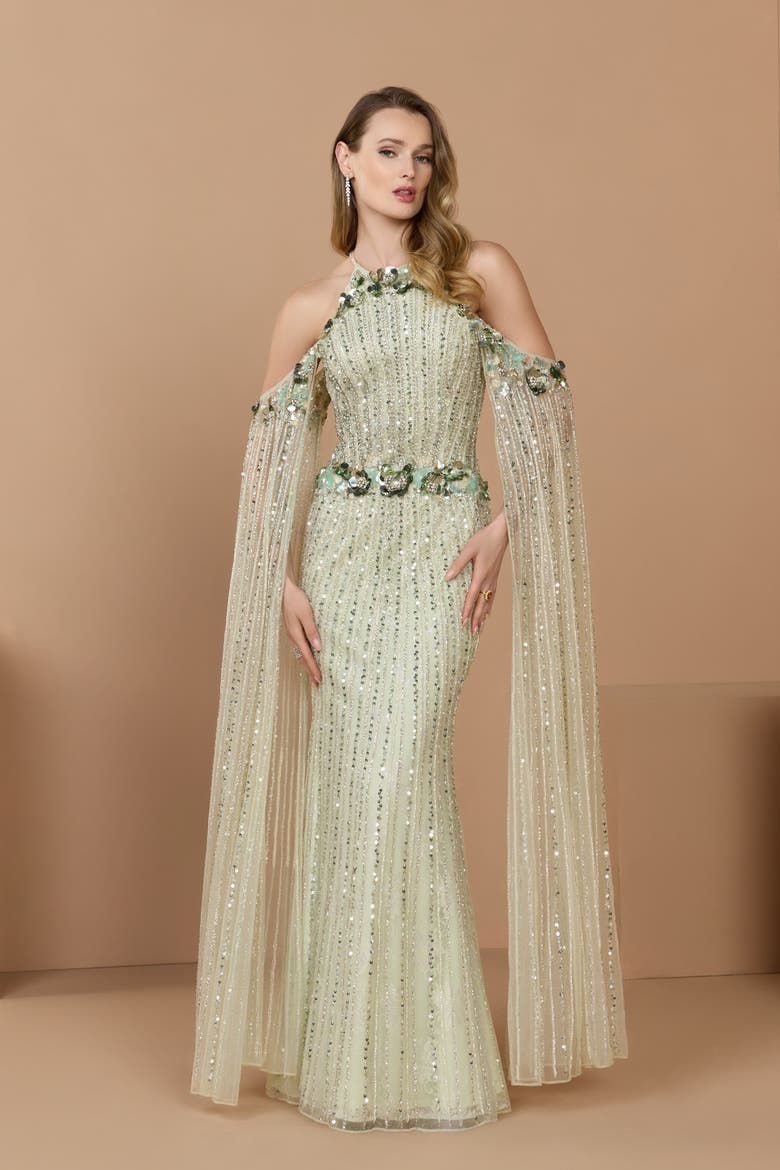 Embellished Column Gown With Cape Sleeves, Alternate, color, Seafoam