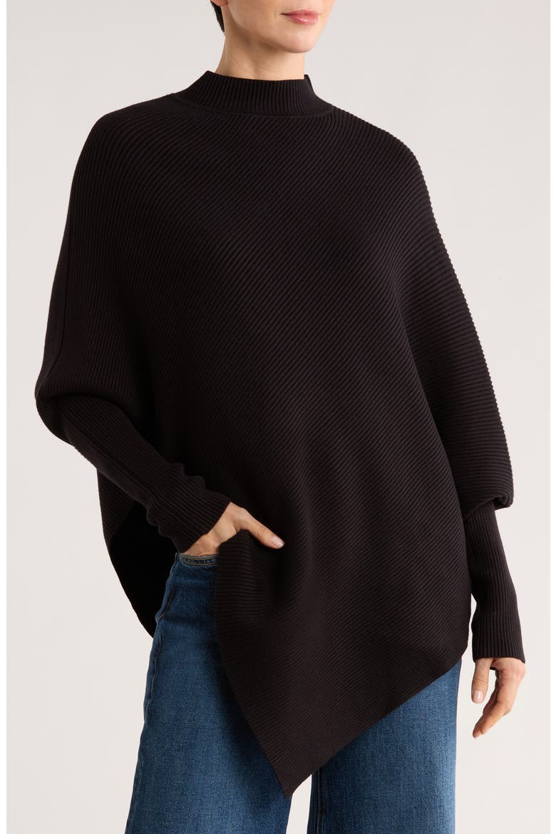 Mock Neck Ribbed Asymmetric Sweater, Main, color, BLACK
