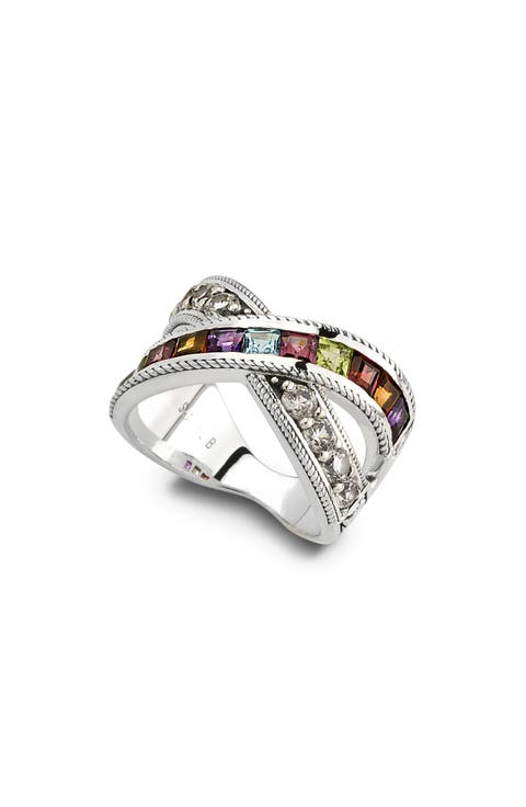 Sterling Silver Semiprecious Stone Crossover Band Ring