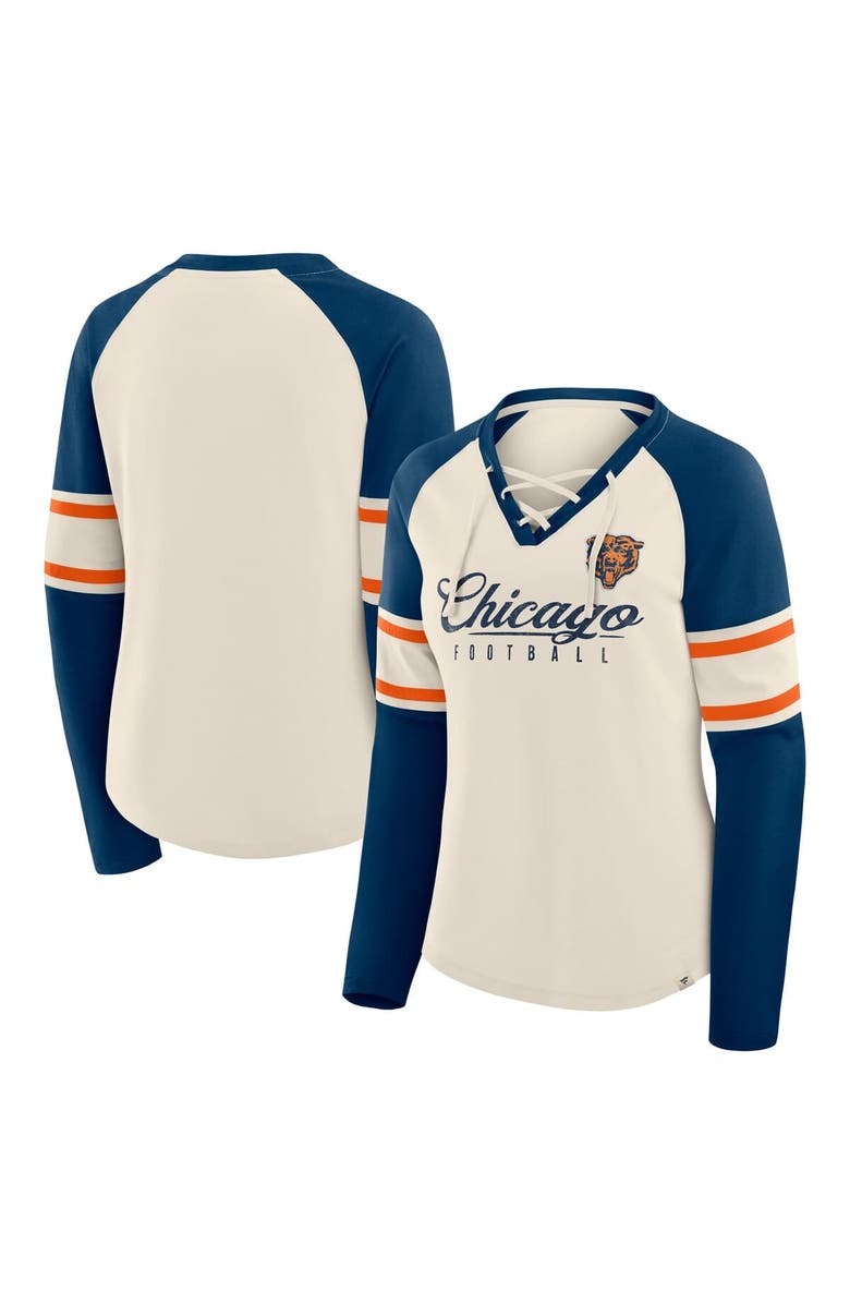 FANATICS Women's Fanatics Cream/Navy Chicago Bears Hometown Gridiron Hero Raglan Lace-Up V-Neck Long Sleeve T-Shirt, Main, color, Cream