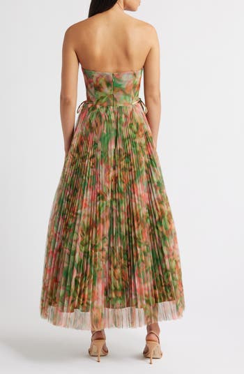 Pleated Strapless Mesh Gown