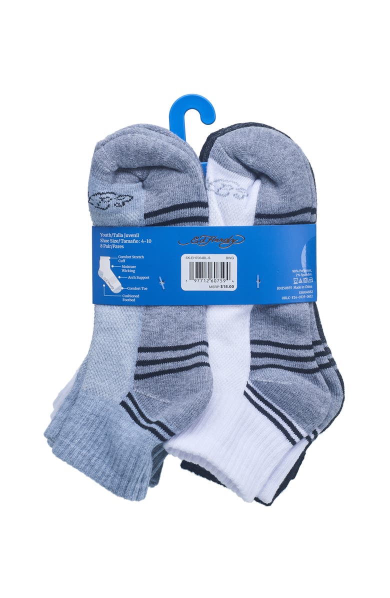 Ed Hardy Boys Athletic Half Cushion Quarter Sock 8-Pack, Alternate, color, Black White Grey
