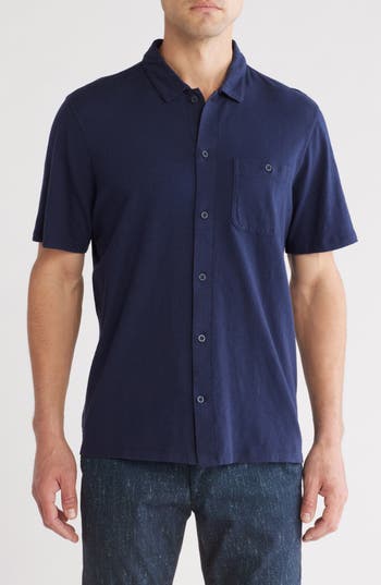 14th & Union Short Sleeve Slub Cotton Button-down Shirt In Navy Blazer