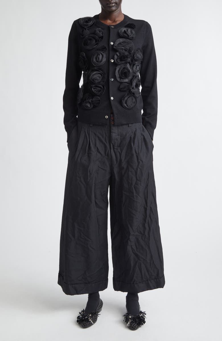 Comme des Garçons Comme des Garçons Rosette Appliqué Wool Cardigan, Alternate, color, Black