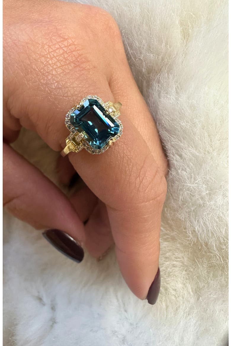Gossip Emerald Cut London Blue Topaz & Pavé Diamond Ring, Alternate, color, DEEP BLUE