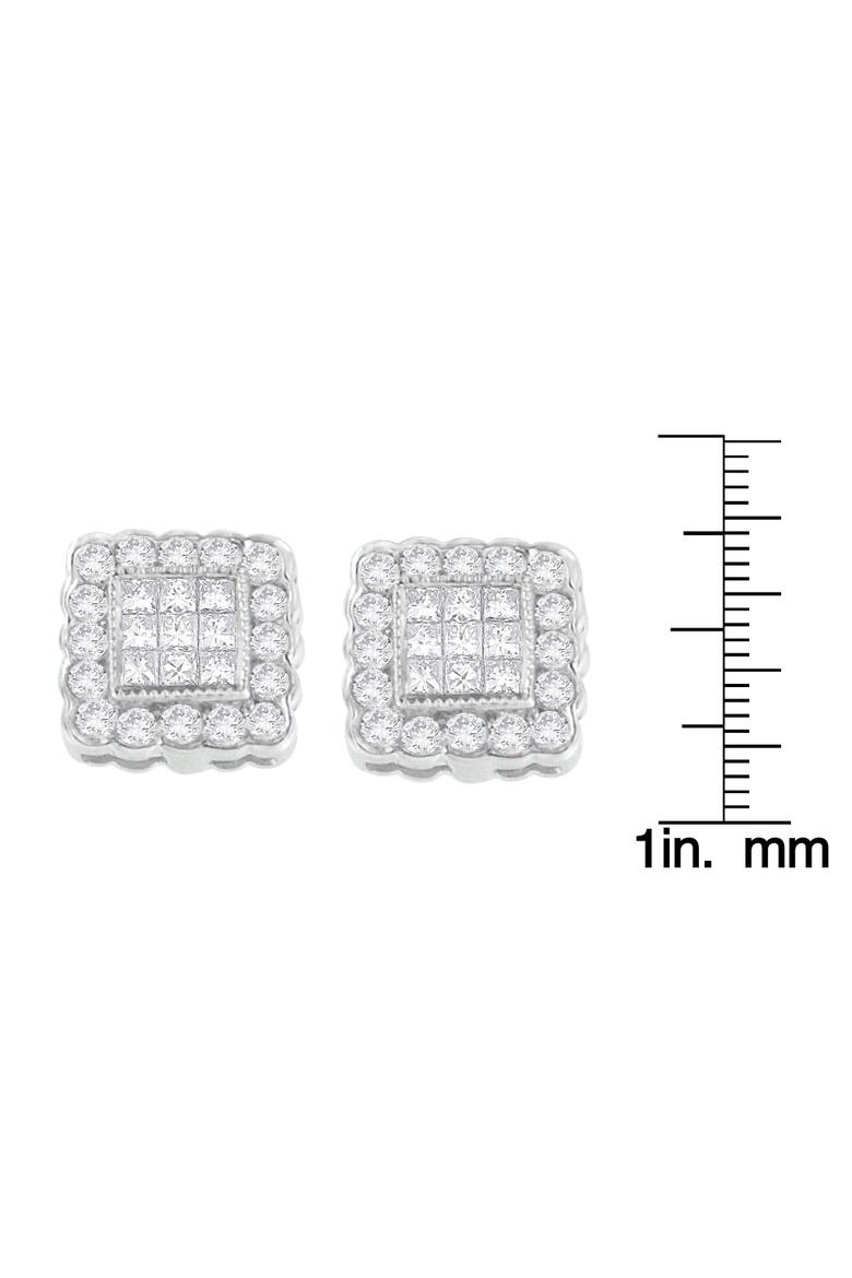 14K White Gold 1.0 Cttw Diamond Scallop-Edge Framed Square Halo Stud Earrings, Alternate, color, White