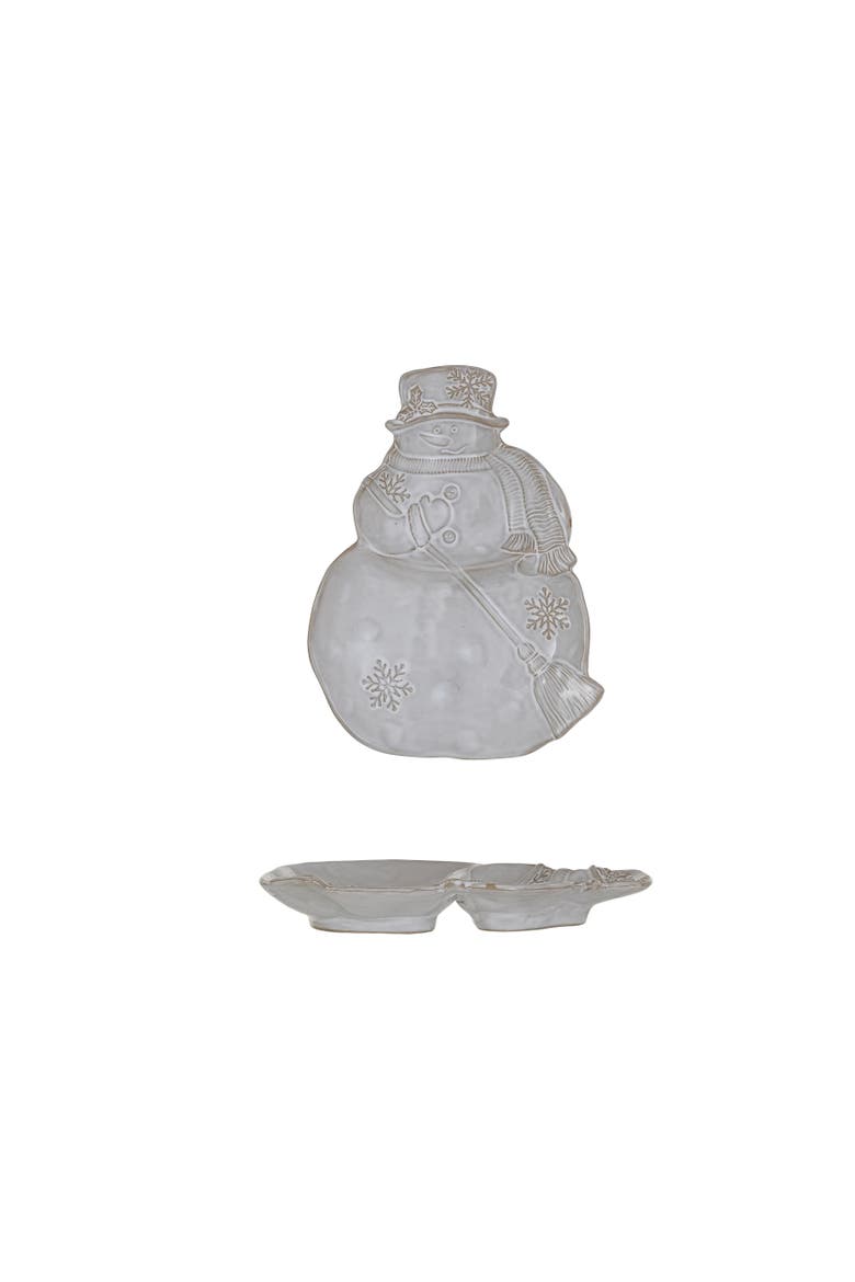 Stoneware Snowman Shaped Plate with Snowflakes and Broom with Reactive Glaze, Antique White, Main, color, White