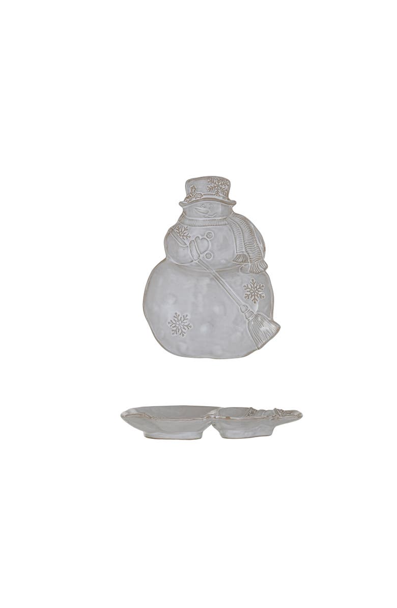 Storied Home Stoneware Snowman Shaped Plate with Snowflakes and Broom with Reactive Glaze, Antique White, Main, color, White