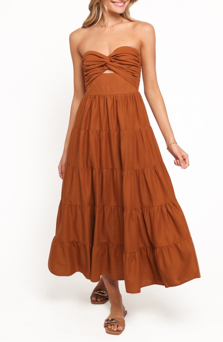 Petal & Pup Sitara Tiered Strapless Maxi Dress, Main, color, Brown