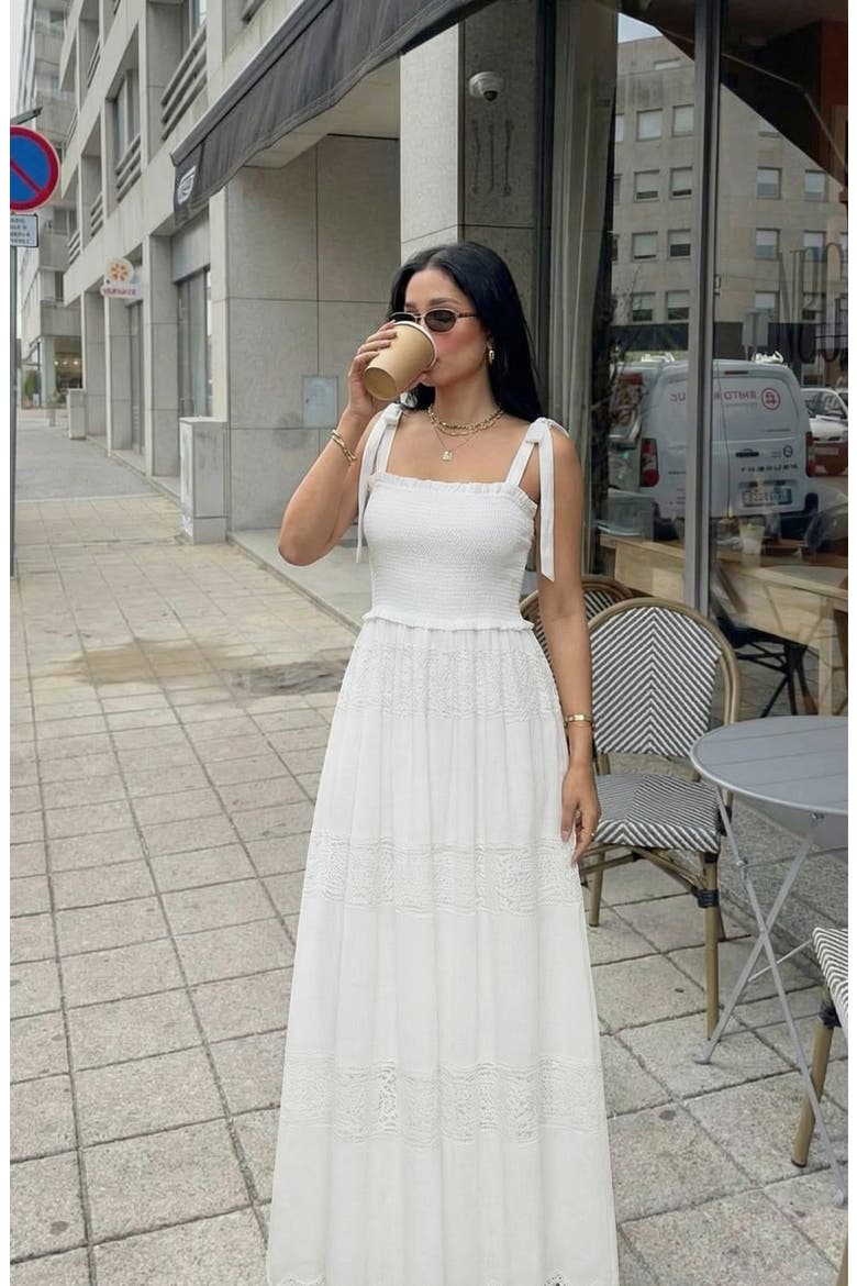 Smocked Lace Eyelet Maxi Dress, Alternate, color, White