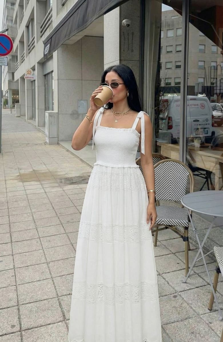 Modenaire Smocked Lace Eyelet Maxi Dress, Alternate, color, White