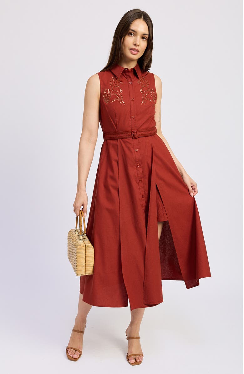 En Saison Megumi Eyelet Detail Cotton & Linen Midi Shirtdress, Alternate, color, Red Currant
