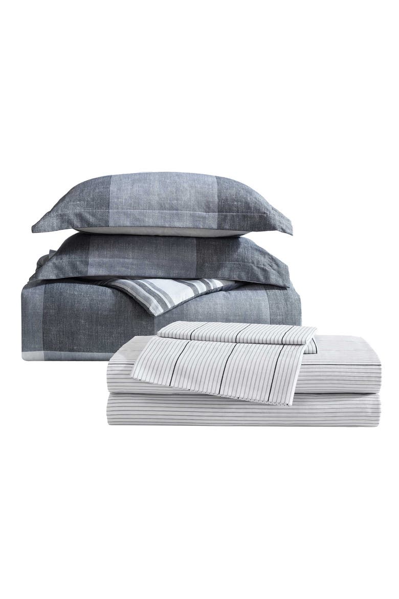 Plaid Reversible Comforter & Sheets Set, Main, color, GREY