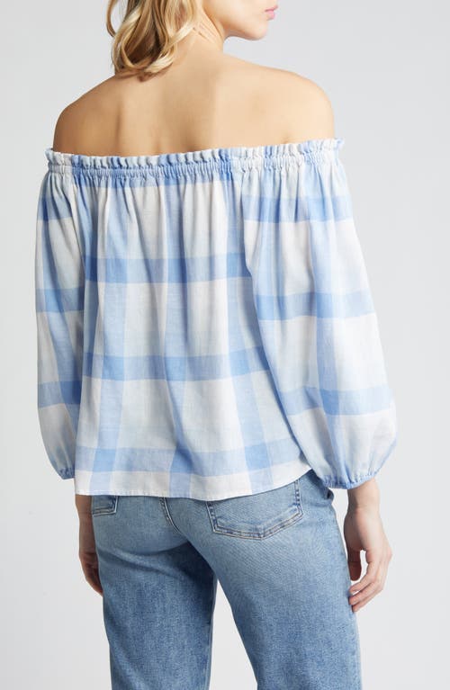 Caslon Check Off The Shoulder Linen Blend Top In Blue- White Multi Check