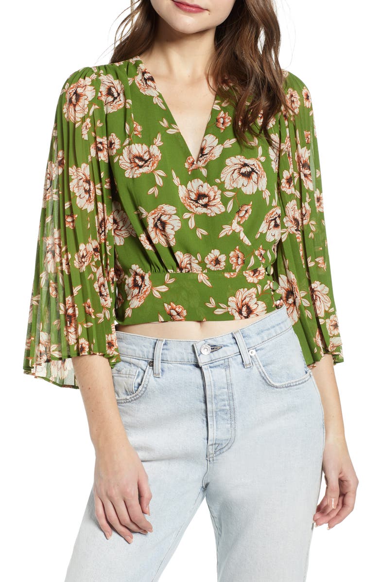 ASTR the Label Floral Pleated Sleeve Wrap Blouse, Main, color,
