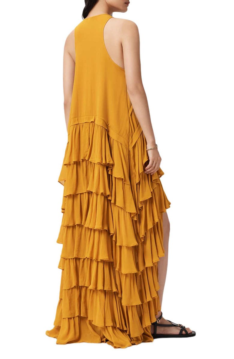AllSaints Cavarly Tiered Ruffle High-Low Dress, Alternate, color, Ochre Yellow
