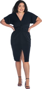 24seven Comfort Apparel Short Sleeve V-Neck Twist Front Split Hem Dress