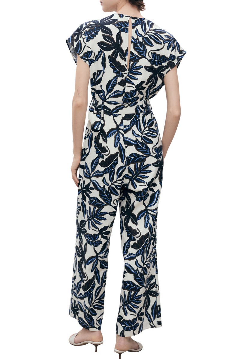 MANGO Print Wide Leg Linen Blend Jumpsuit, Alternate, color, Blue