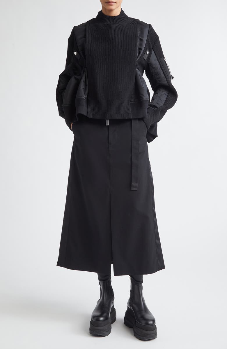 Sacai Mixed Media Bomber Jacket with Sweater Bib Overlay, Alternate, color, Black