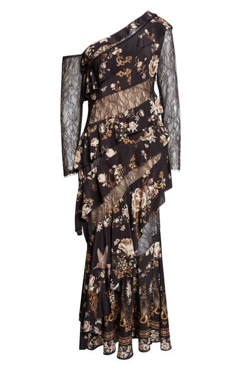 Flamenco Floral Print Long Sleeve Tiered Silk Maxi Dress