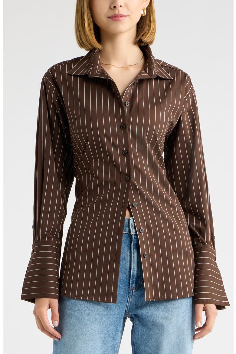 Tie Back Striped Button Up Shirt, Main, color, BROWN IVORY JODI STRIPE