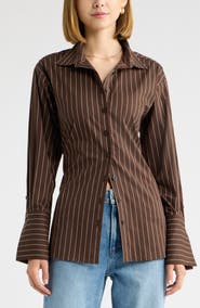 Open Edit Tie Back Striped Button Up Shirt