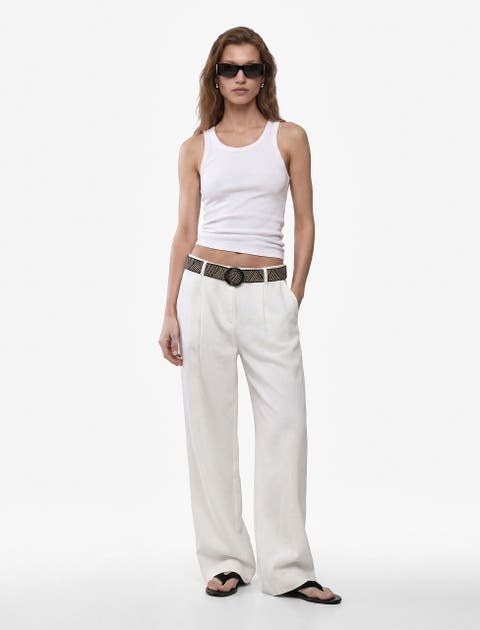 Belted Linen Wide Leg Trousers