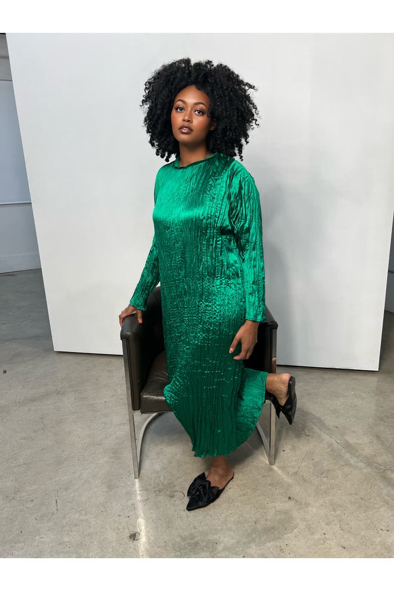 Lynda Reversible Satin Pleated Dress, Alternate, color, Emerald