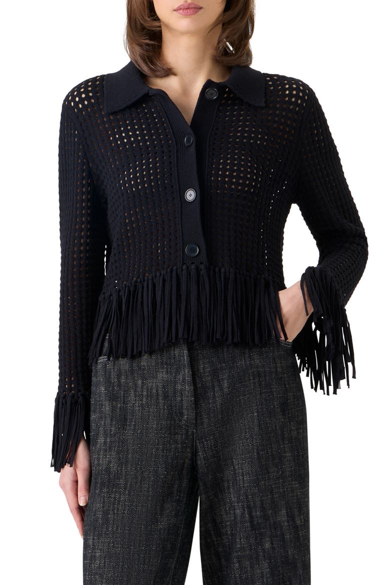 Chunky Fringe Open Stitch Cotton Cardigan, Main, color, BLACK